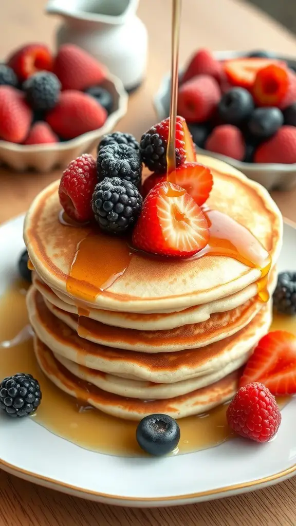 A stack of fluffy pancakes topped with mixed berries and syrup.