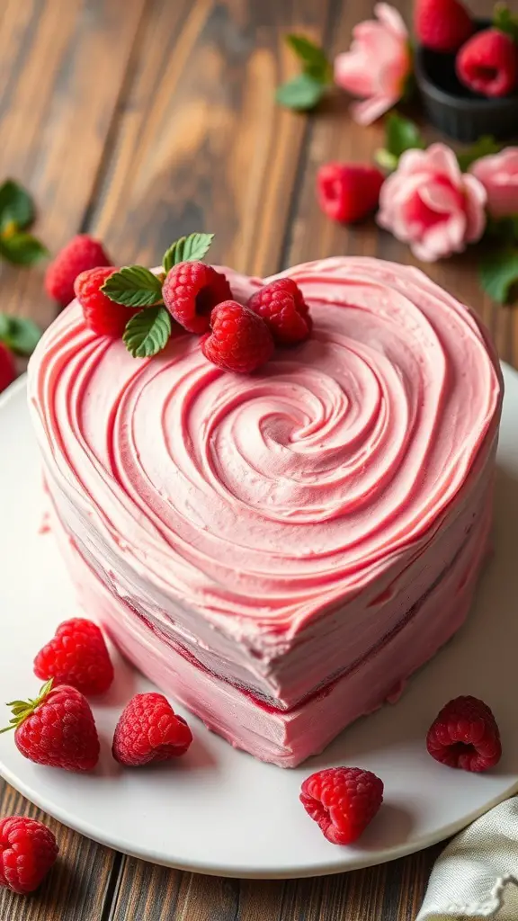 A heart-shaped cake with raspberry swirl frosting, topped with fresh raspberries and mint leaves.