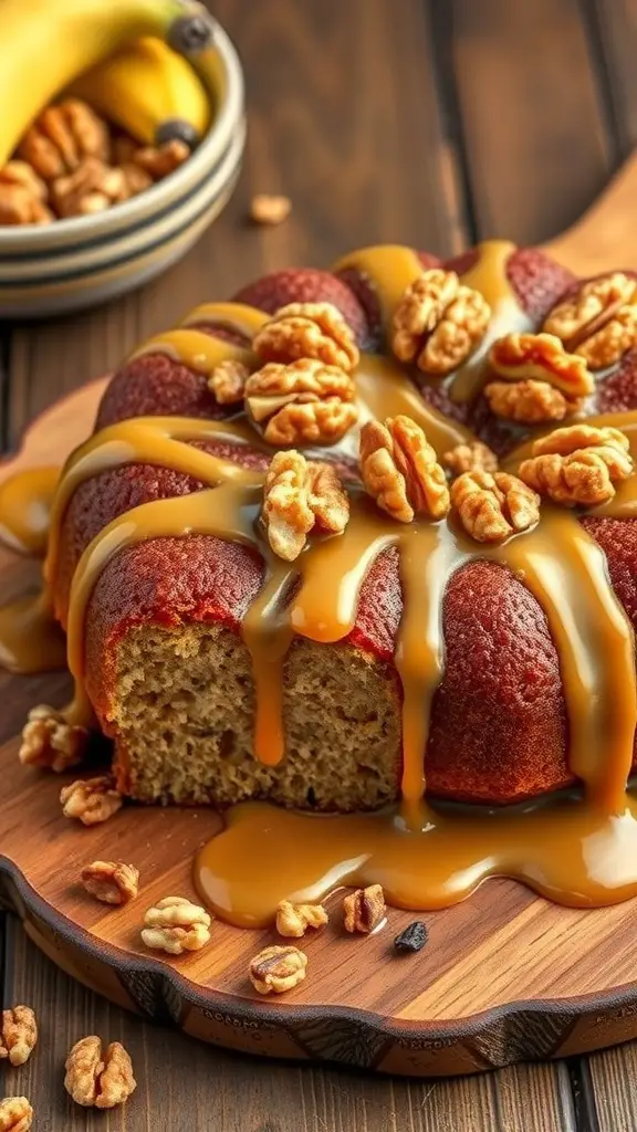 A delicious banana nut cake topped with caramel glaze and walnuts, placed on a wooden serving board.