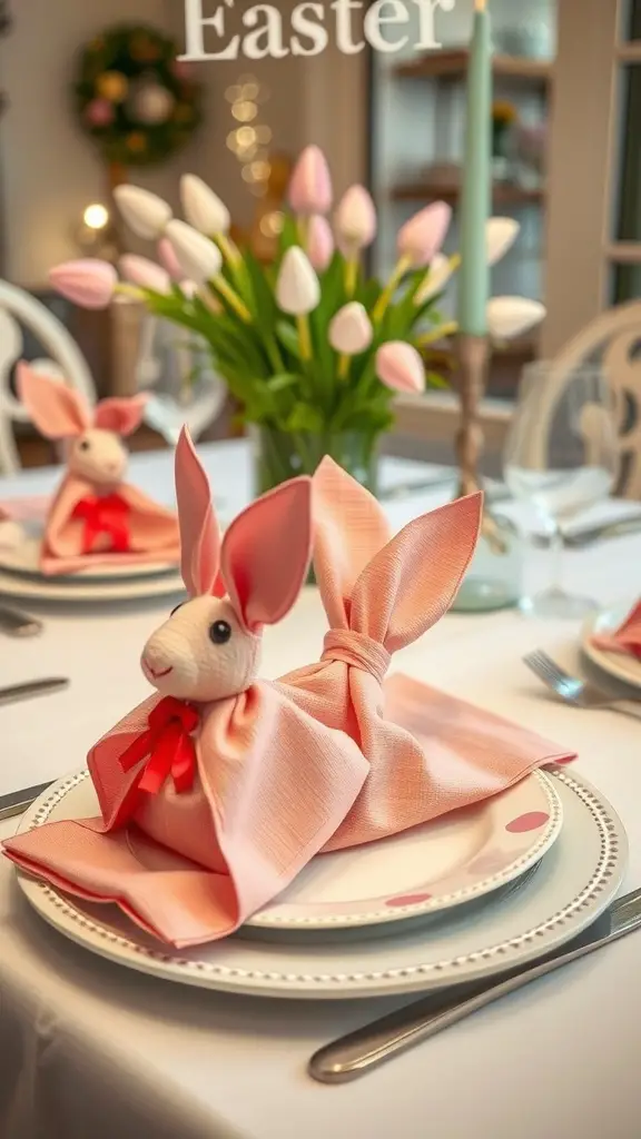Easter table setting with bunny-shaped napkin folds and tulips