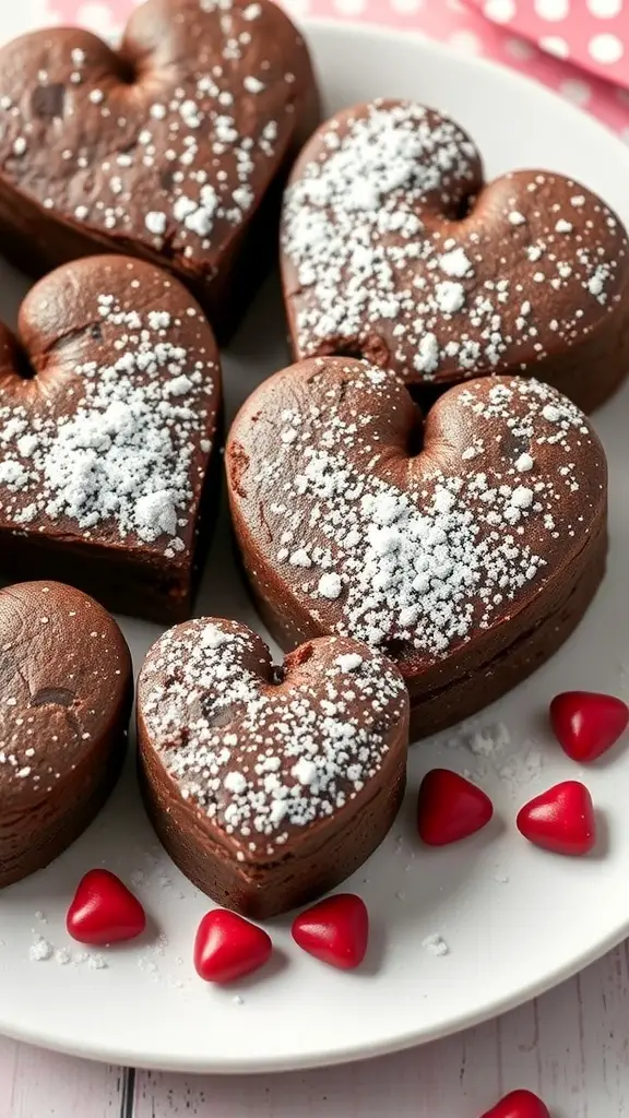 Heart-shaped brownie bites on a plate with red candy hearts