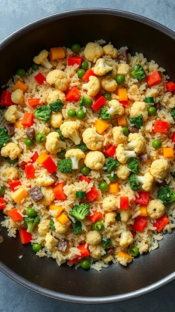 A colorful cauliflower rice stir-fry with mixed vegetables.