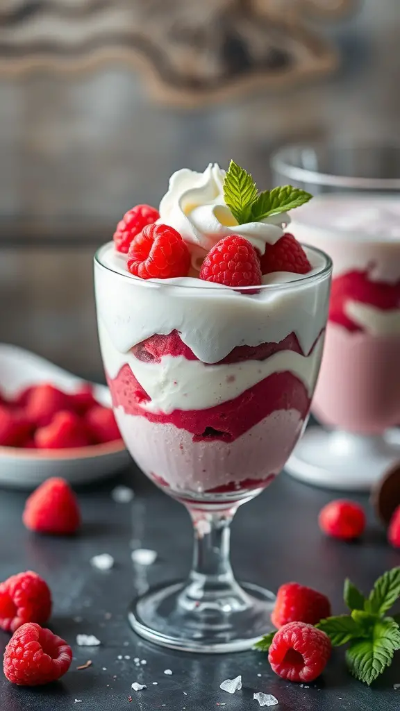 A delicious raspberry mousse parfait topped with whipped cream and fresh raspberries