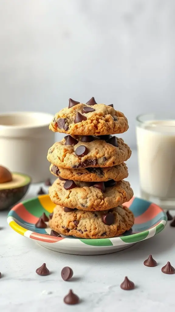 A stack of avocado chocolate chip cookies on a colorful plate with chocolate chips scattered around.