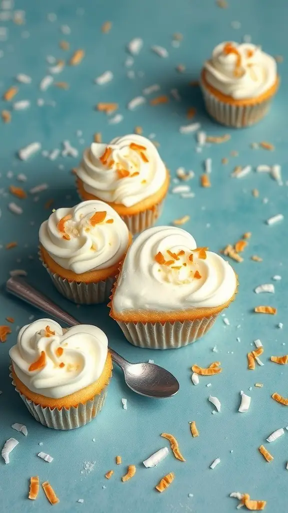 Heart-shaped coconut cream cupcakes with frosting and coconut flakes