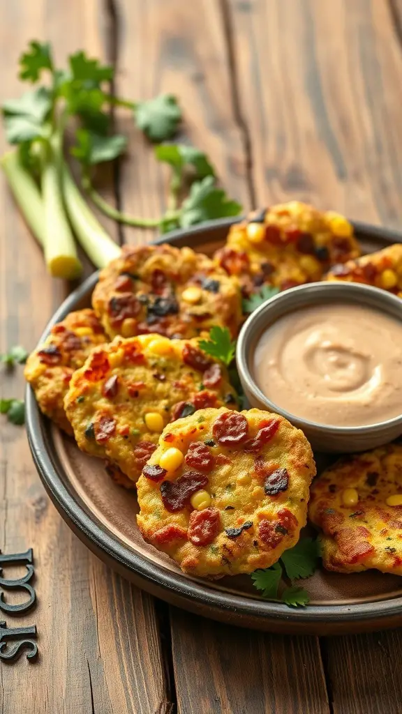 Plate of zucchini and corn fritters with a dipping sauce