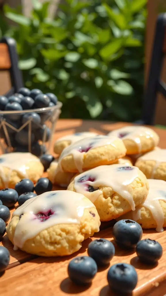 A pile of blueberry lemon drop cookies with a glaze, surrounded by fresh blueberries.