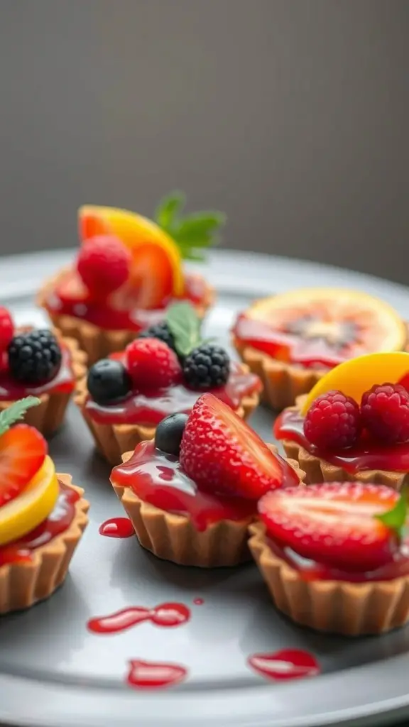 A plate of mini fruit tarts topped with fresh fruits and raspberry glaze.