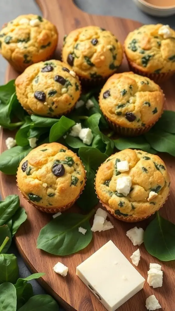 A wooden board with herbed feta and spinach muffins surrounded by fresh spinach leaves and feta cheese.