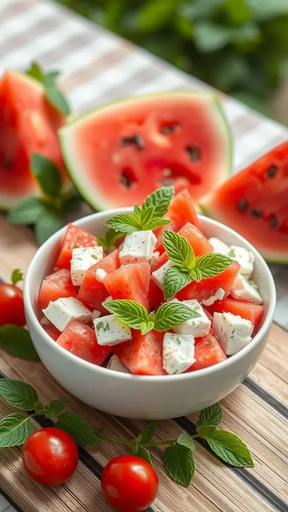 A bowl of watermelon and feta salad garnished with mint leaves, surrounded by watermelon slices and cherry tomatoes.