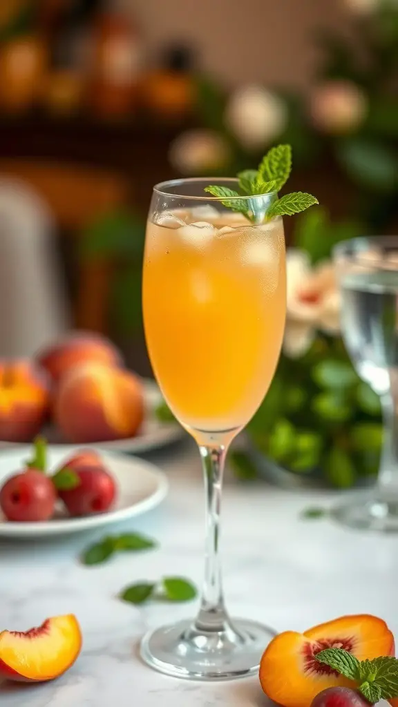 A glass of Peach Bellini garnished with fresh mint, surrounded by peaches and mint leaves.