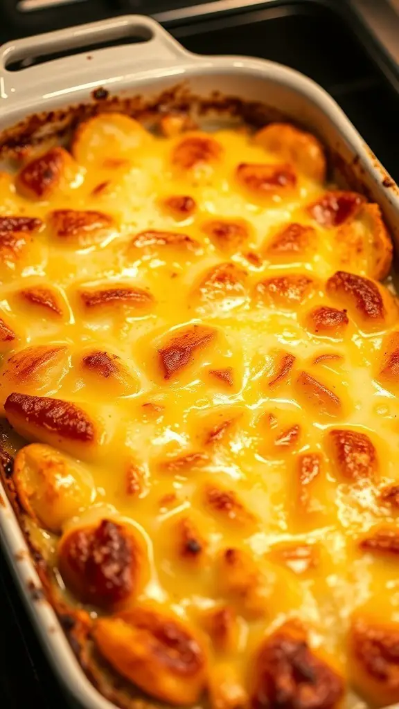 A delicious dish of cheesy scalloped potatoes, golden and bubbly on top.