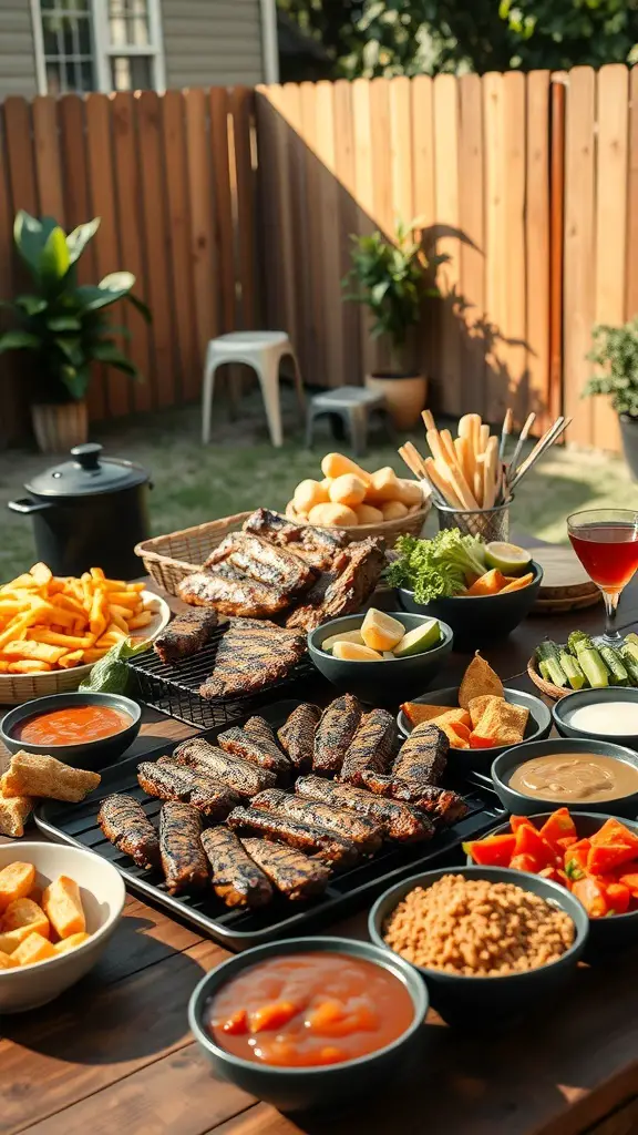 A beautifully arranged BBQ feast with grilled meats, sides, and drinks in a backyard setting.