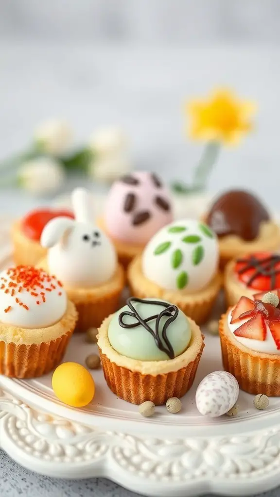 Colorful mini cheesecakes decorated as Easter eggs on a plate