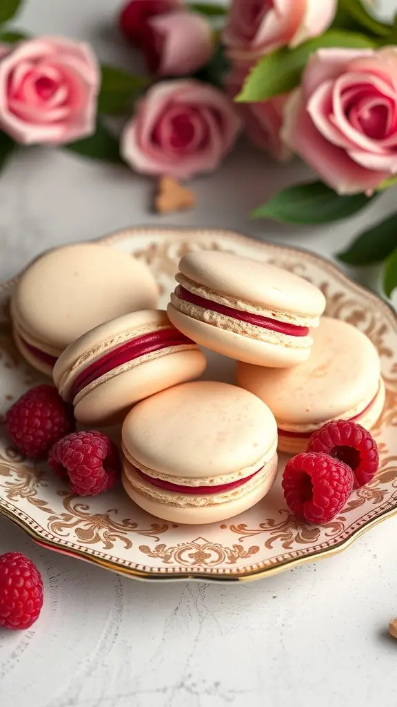 Vanilla bean macarons with raspberry filling on a decorative plate, surrounded by fresh raspberries and pink roses.