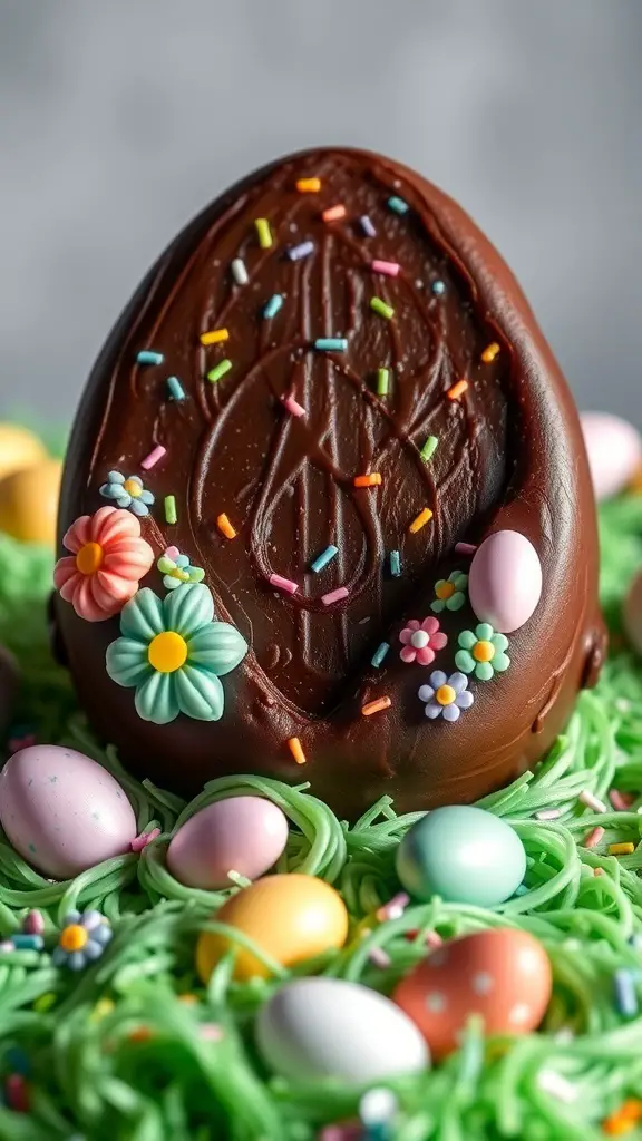 A beautifully decorated Chocolate Easter Egg Cake with colorful flowers and mini eggs on a green frosting base.