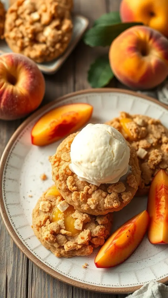 Peach cobbler cookies topped with ice cream and fresh peach slices on a plate.