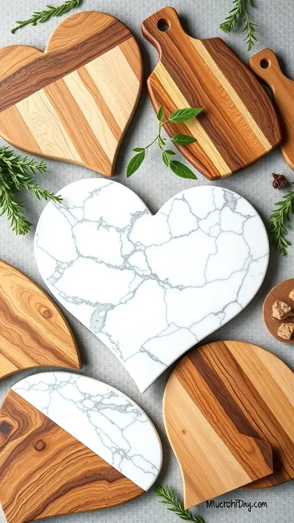 A variety of heart-shaped charcuterie boards made from wood and marble, showcasing different designs.