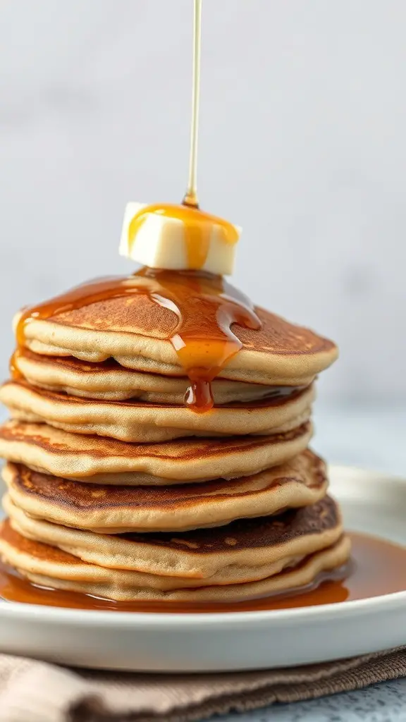 Stack of whole wheat pancakes with maple syrup and a pat of butter on top