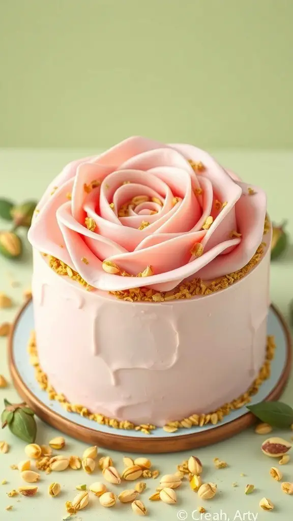 A beautifully decorated Pistachio Rose Cake with a pink rose on top and crushed pistachios around the base.