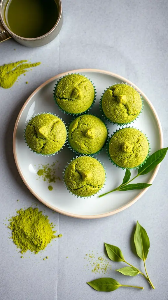 A plate of green matcha muffins with a cup of green tea beside them