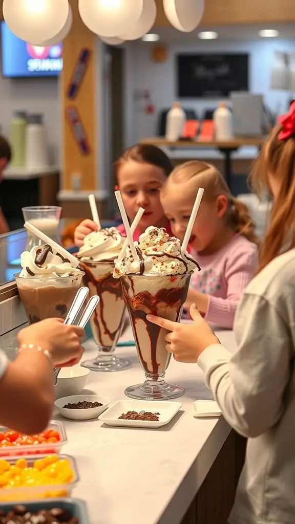 Kids enjoying an ice cream sundae bar with various toppings.