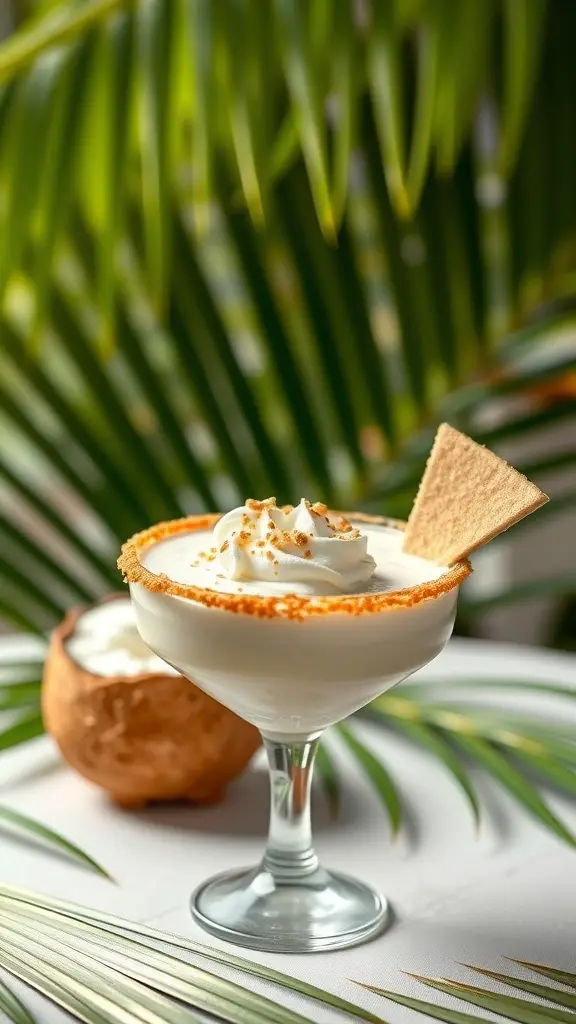 A Coconut Cream Pie Cocktail garnished with whipped cream and a graham cracker on a tropical background.