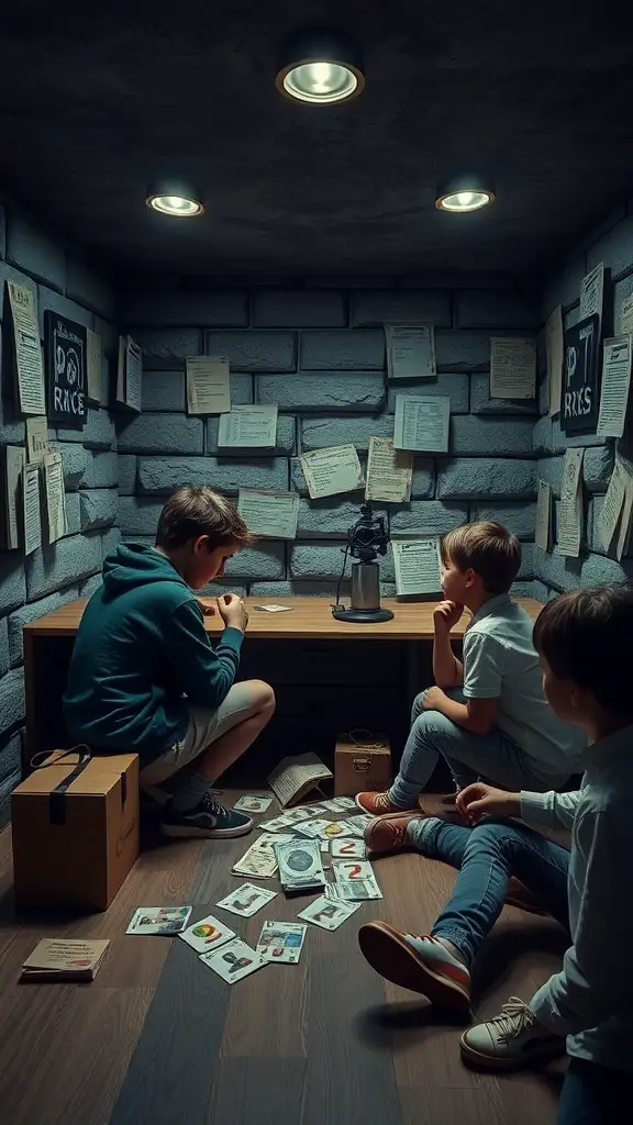 Kids engaged in a mystery escape room challenge, examining clues and solving puzzles.