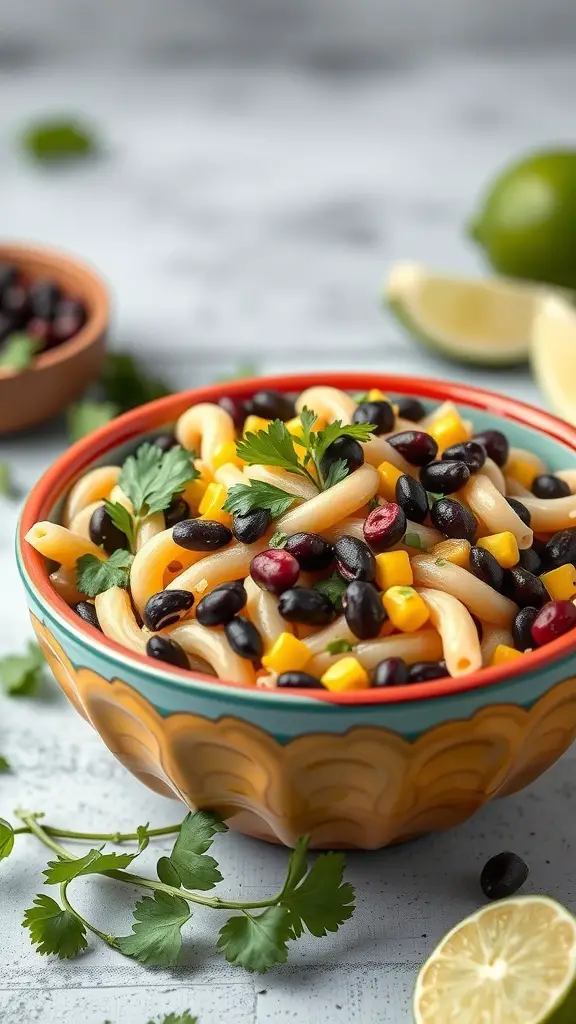 A colorful bowl of cilantro lime pasta salad with black beans and corn, garnished with fresh cilantro.
