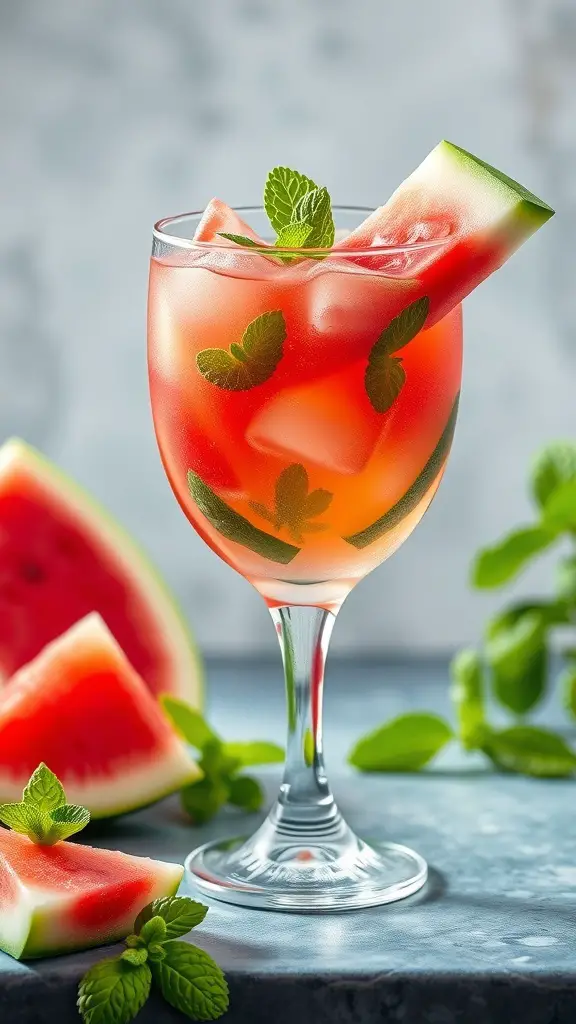 A refreshing Minty Watermelon Splash mocktail in a glass, garnished with mint leaves and watermelon slices.
