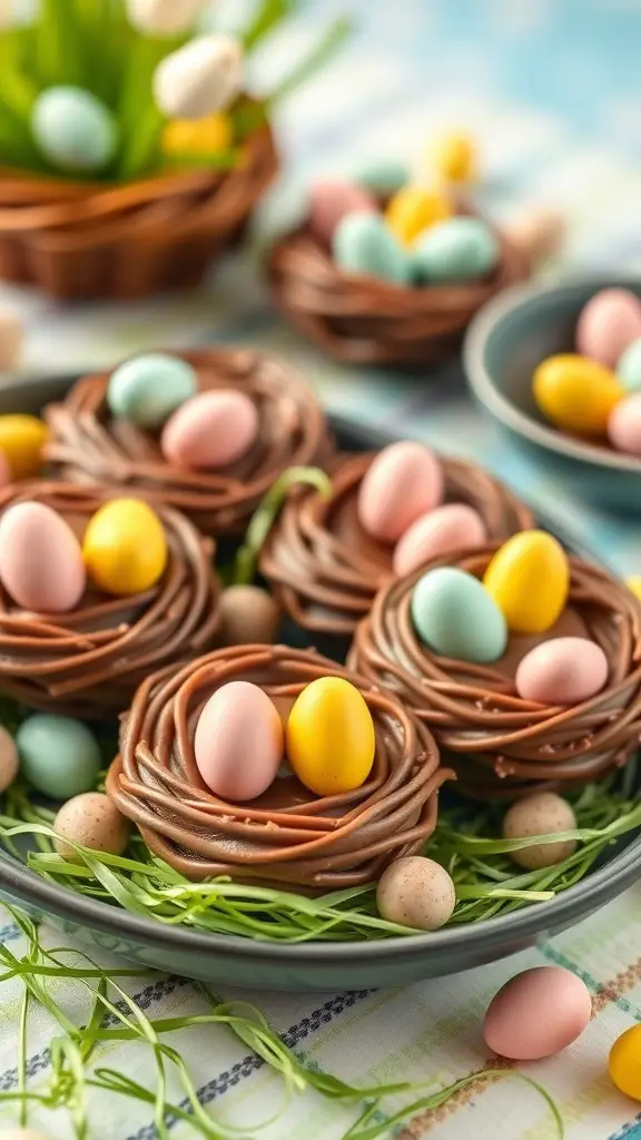 A plate of Easter Egg Nest Cookies with colorful candy eggs on a festive table.