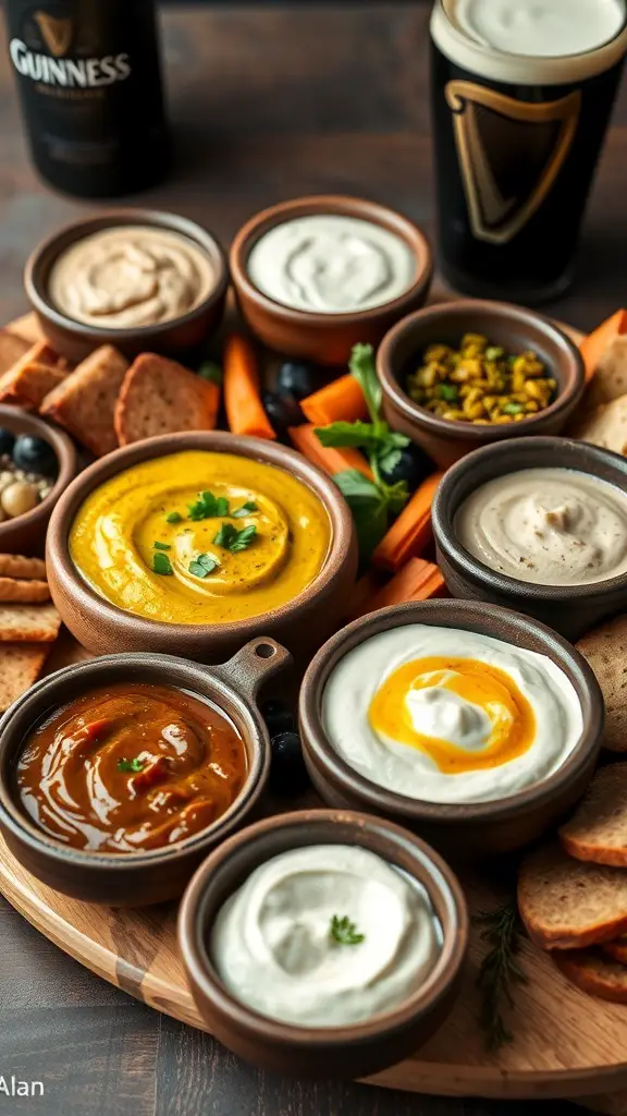 A variety of Guinness infused dips displayed on a charcuterie board with crackers and vegetables.
