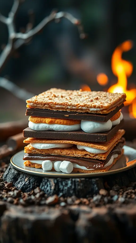 A stack of graham crackers, chocolate, and marshmallows, resembling a s'mores dessert.