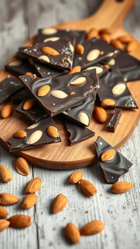 Dark chocolate almond bark pieces on a wooden board with almonds scattered around.