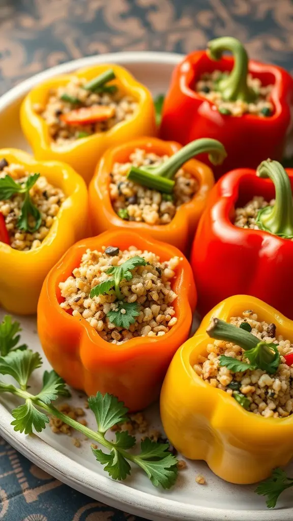 Colorful stuffed bell peppers filled with grains and herbs