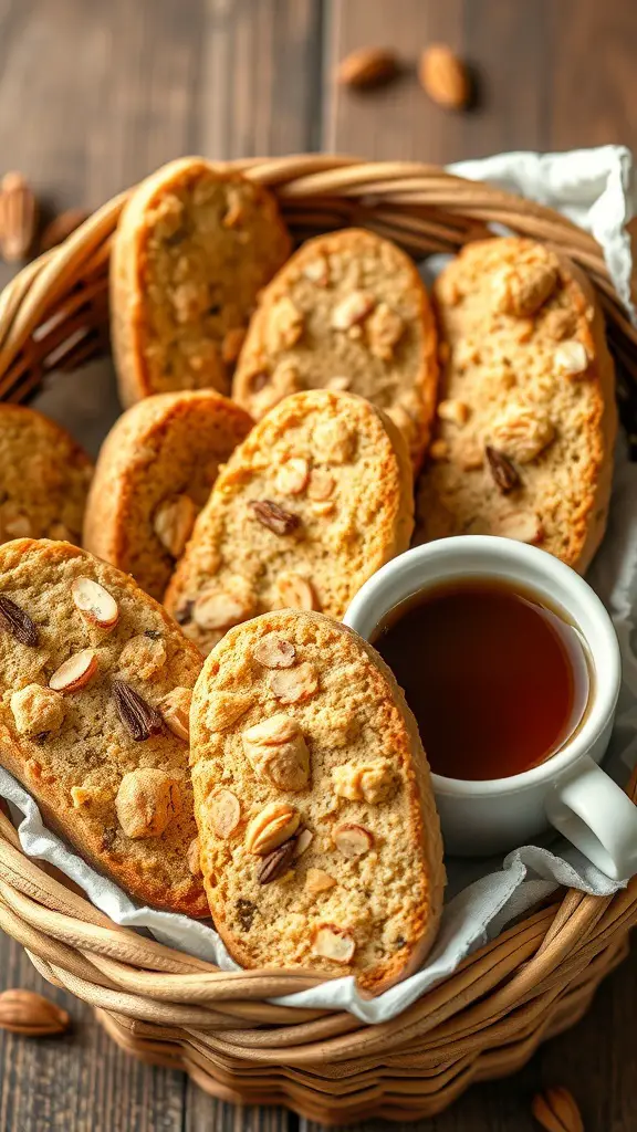 A basket of almond and anise biscotti next to a cup of tea.
