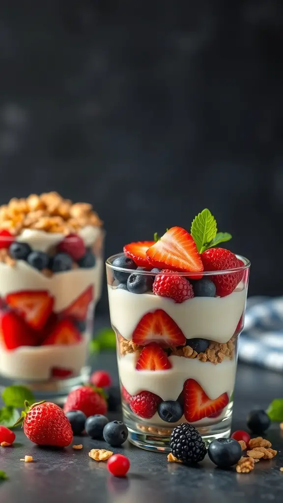 Two fruit and yogurt parfaits in clear glasses with layers of yogurt, strawberries, blueberries, and granola.
