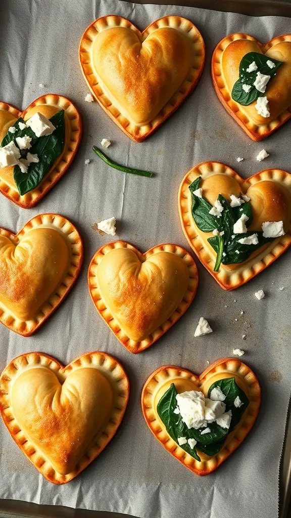 Heart-shaped savory pastries filled with spinach and feta cheese on a baking sheet.