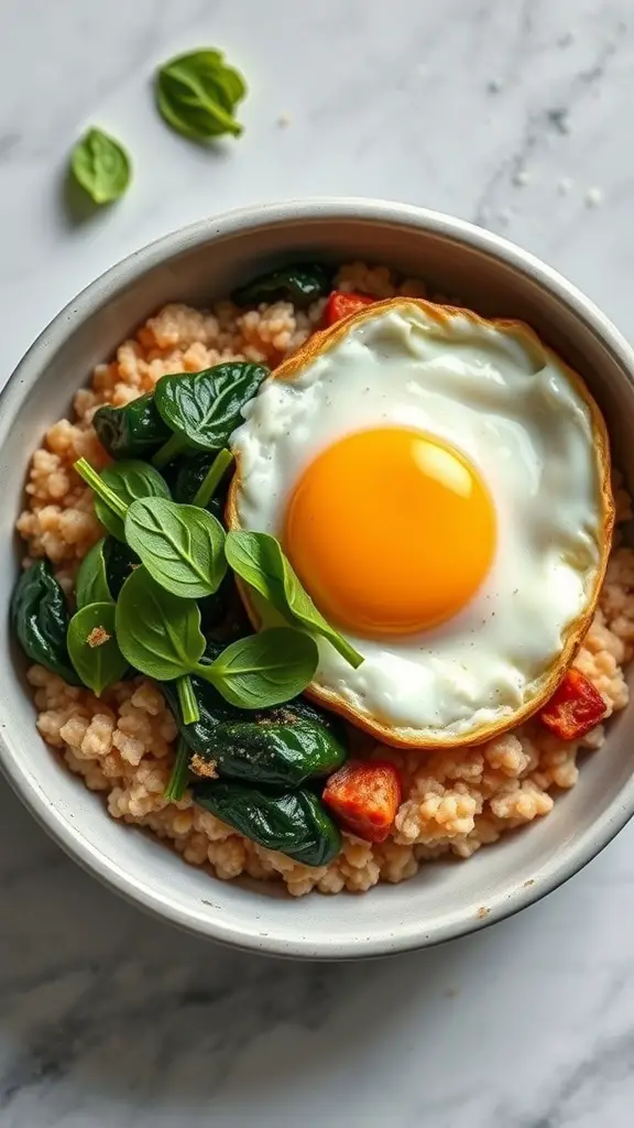 A bowl of savory oatmeal topped with spinach and a fried egg, garnished with fresh herbs.