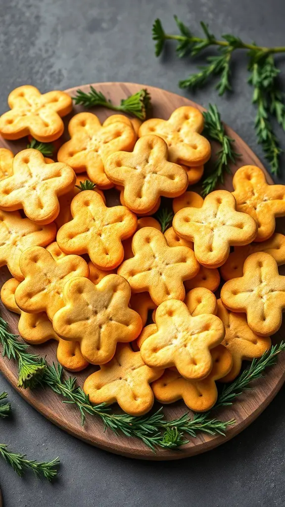 A platter of clover-shaped crackers surrounded by fresh herbs.