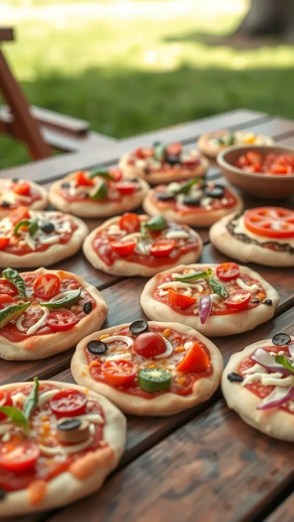 A table filled with mini pizzas topped with various colorful ingredients.