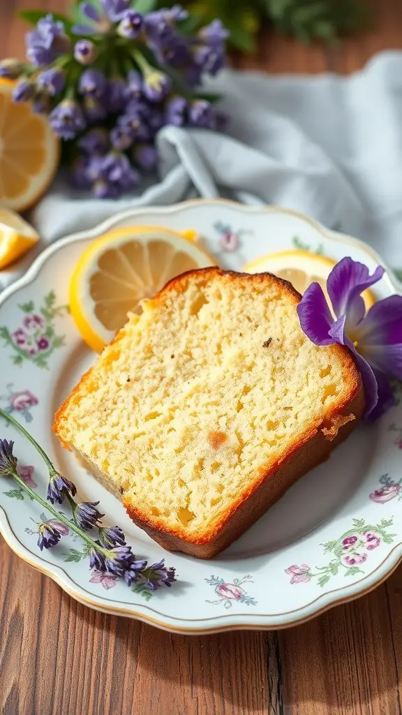 A slice of Lavender Lemonade Pound Cake on a floral plate with lemon slices and lavender sprigs