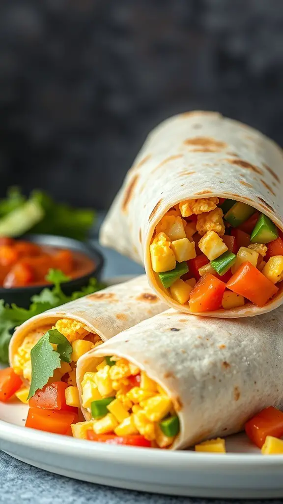 Breakfast burritos filled with scrambled eggs and colorful vegetables, served with salsa.