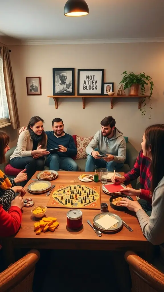 A group of friends enjoying a board game night with snacks and drinks.