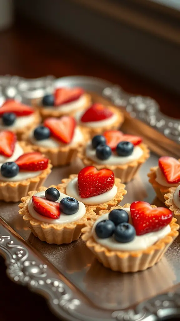 Mini fruit tarts topped with heart-shaped strawberries and blueberries on a silver tray.