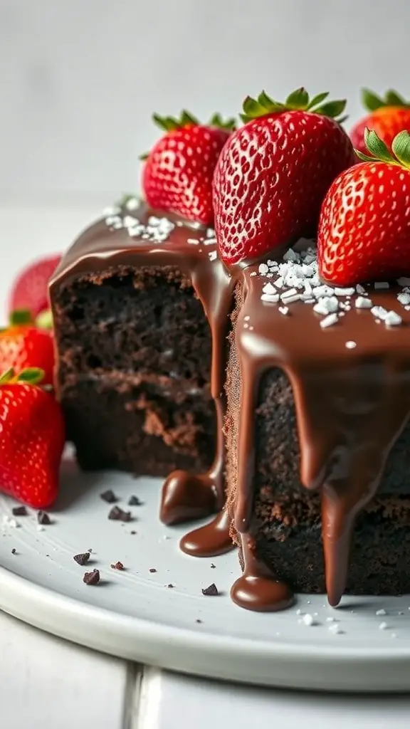 Chocolate Strawberry Poke Cake with fresh strawberries on top