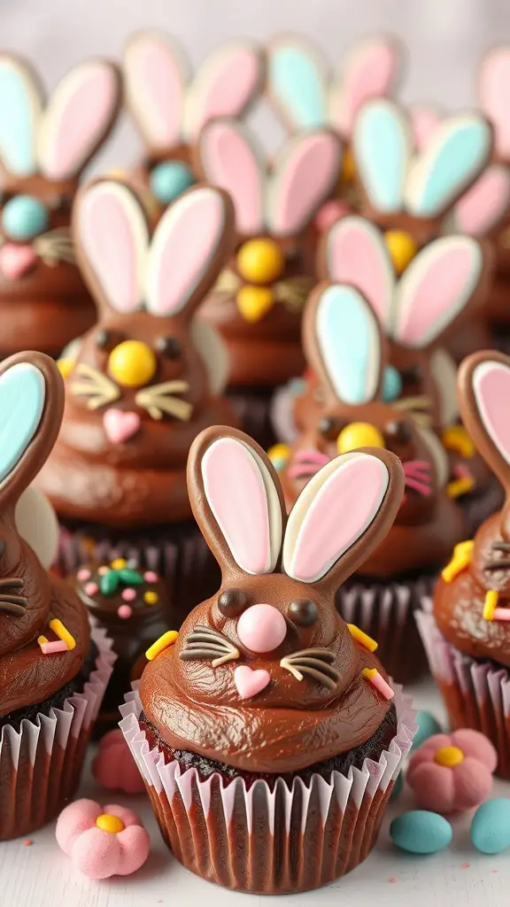Chocolate Bunny Cupcakes decorated with colorful candy ears and faces