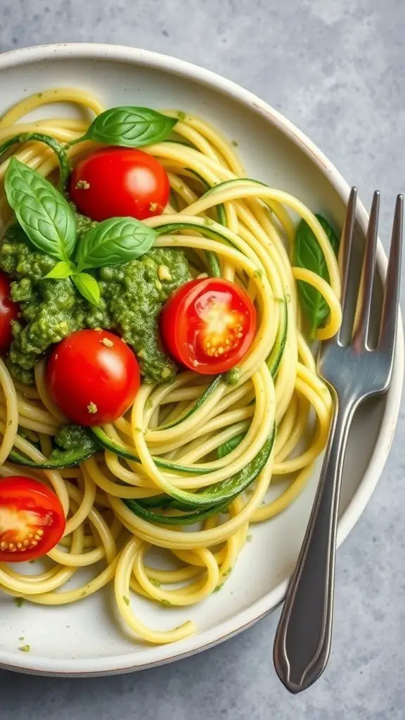 A plate of zucchini noodles topped with pesto sauce and cherry tomatoes.