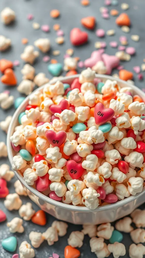 A bowl of Cupid's Popcorn Mix with heart-shaped candies scattered around.