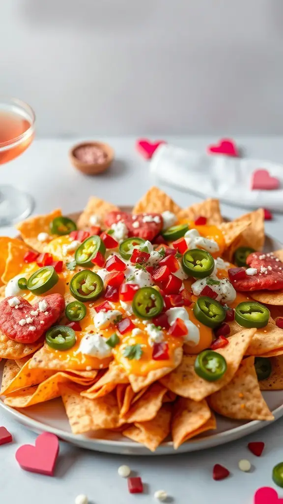 A plate of Valentine's Day themed nachos with heart-shaped toppings and colorful ingredients.